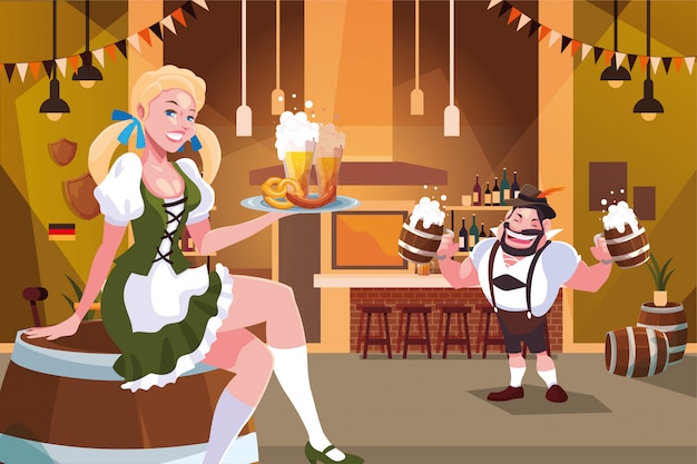 pareja de personas con vestimenta tradicional alemana bebe cerveza en el bar oktoberfest celebracion vector premium