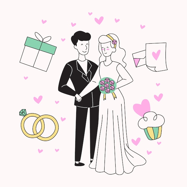 Parejas De Boda En Estilo Dibujado A Mano Vector Gratis