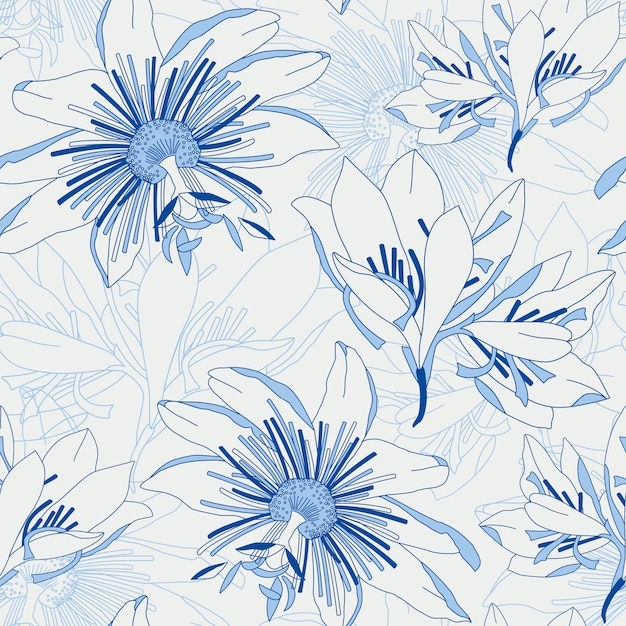 Patrón azul transparente con lirio de flores Vector Premium