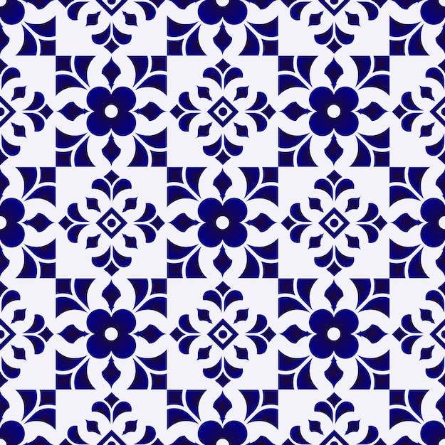 Patrón de azulejos fondo transparente de cerámica azul y blanca de