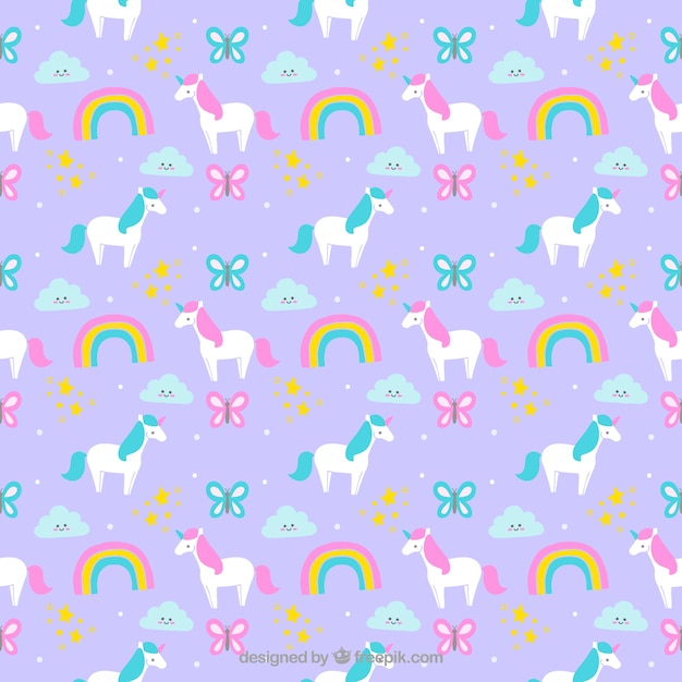 Patron De Bonitos Unicornios Dibujados A Mano Con Arcoiris Y Mariposas Vector Premium