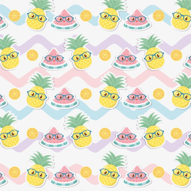 Patrón de caracteres kawaii de frutas y piñas frescas Vector Premium