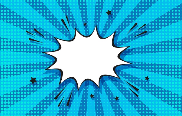 Patrón de cómic pop art fondo de semitono starburst impresión punteada azul con bocadillo