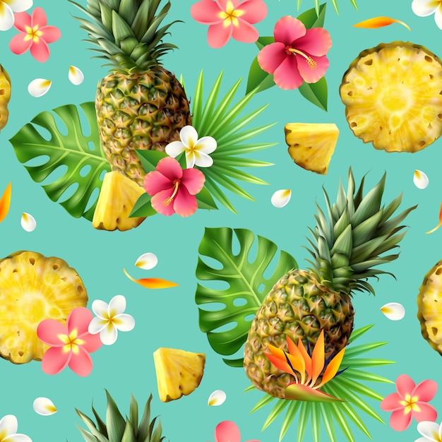 Patrón sin costuras realista de piña vector gratuito