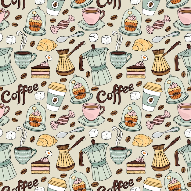 Patrón sin fisuras con café y dulce. fondo de cafe | Vector Premium