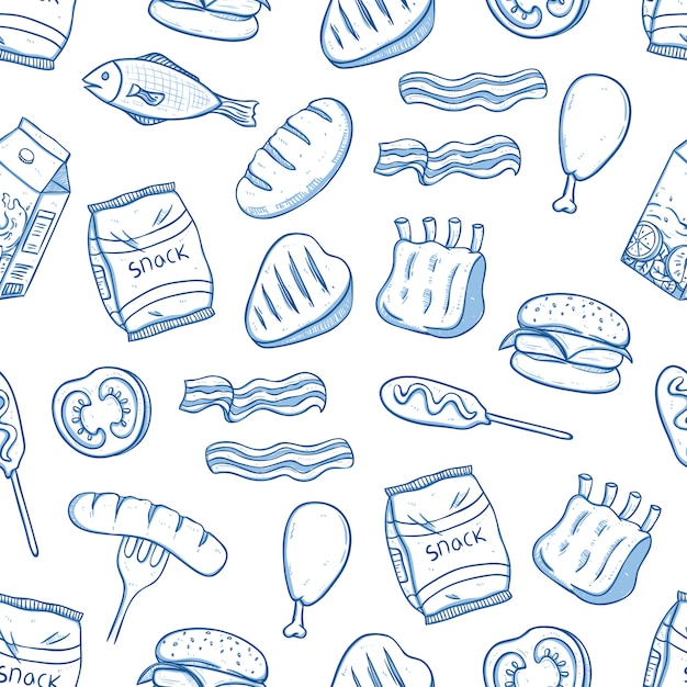 Patrón sin fisuras de comida deliciosa comida con estilo doodle o dibujado a mano Vector Premium