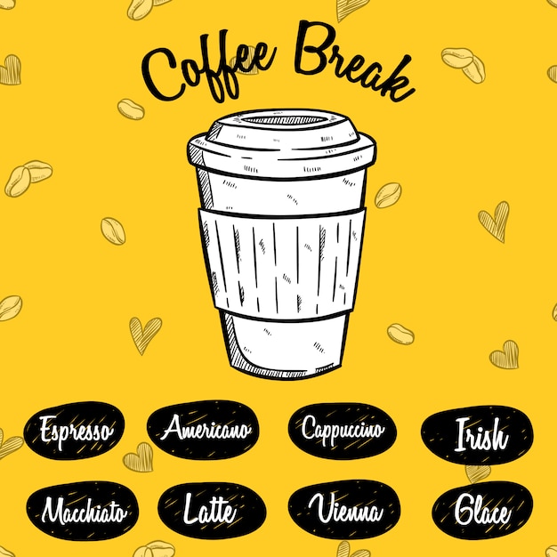 Pausa para el café o menú de café con estilo dibujado a mano en amarillo Vector Premium