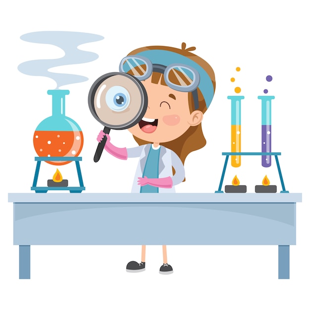 Pequeño estudiante haciendo experimento químico | Vector Premium