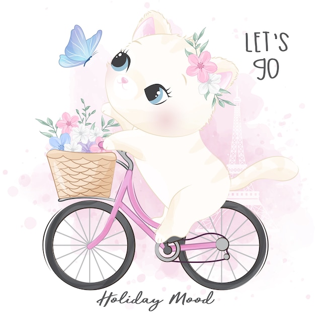 Pequeño gatito lindo andar en bicicleta Vector Premium