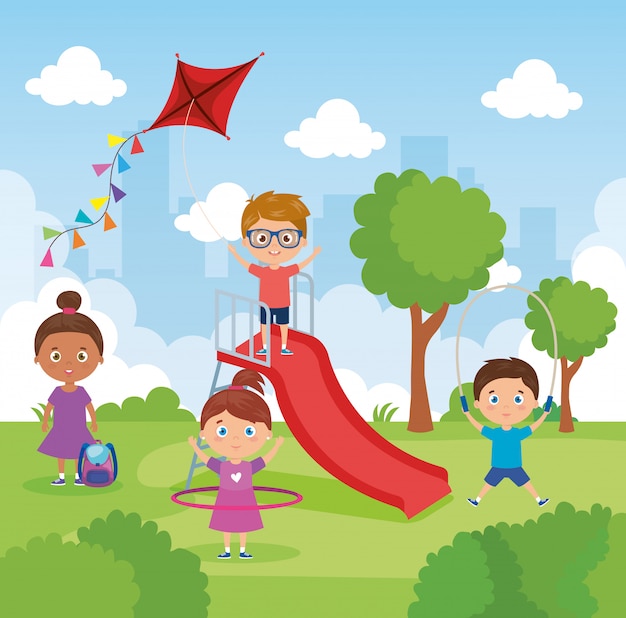 Pequeño Grupo De Niños Jugando En El Paisaje Del Parque | Vector Premium