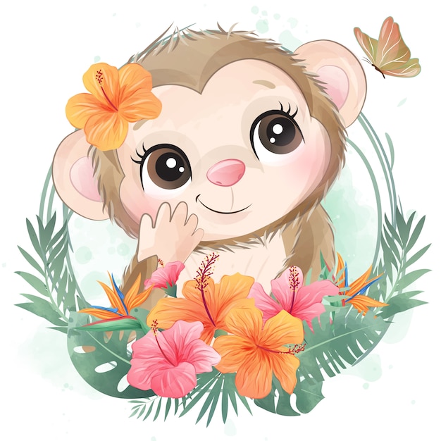 Pequeño retrato lindo del mono con flores Vector Premium 