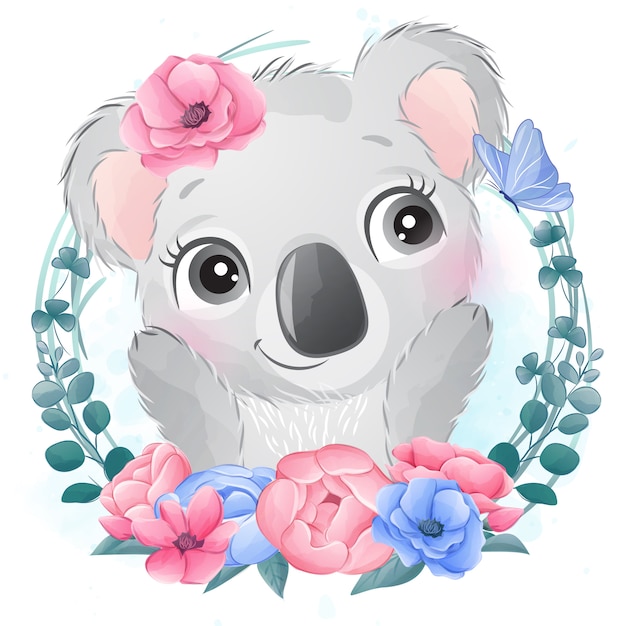 Pequeno Retrato Lindo Del Oso De Koala Con Floral Vector Premium