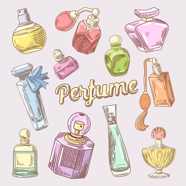 Perfumes y cosméticos doodle dibujado a mano con diferentes botellas