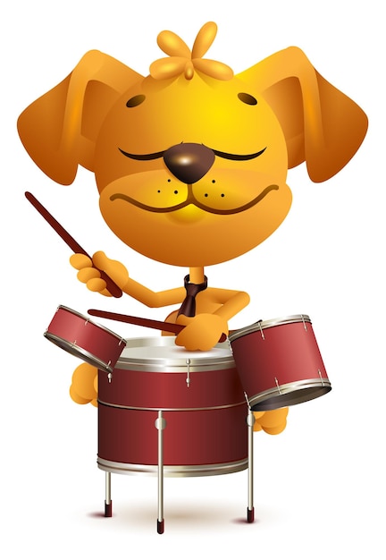 Perro Divertido Amarillo El Baterista Golpea Los Tambores Aislado