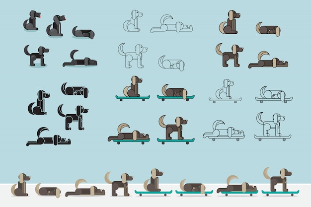 Perro con patineta. conjunto de cachorros. símbolo veterinario icono de entrega ilustración vectorial Vector Premium