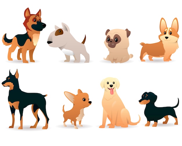 Perros De Dibujos Animados De Diferentes Razas Vector Premium