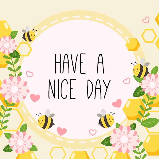 El personaje de abeja linda con flor rosa y corazón con texto de tener un  buen día en el amarillo. | Vector Premium