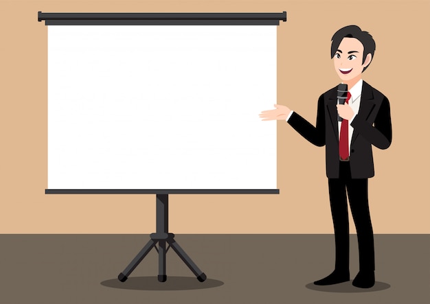 Personaje de dibujos animados con el empresario en una presentación