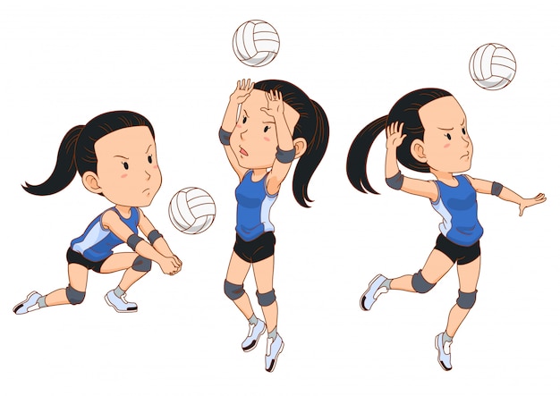 Personaje De Dibujos Animados Del Jugador De Voleibol En Diferentes Poses Vector Premium 