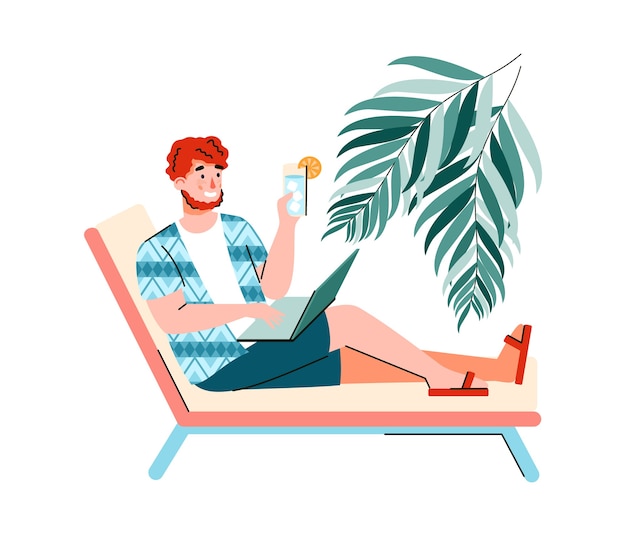 Personaje De Dibujos Animados Masculino Independiente Que Trabaja En La Computadora Portatil Bajo La Palmera Trabajo Independiente Y Remoto Vector Premium