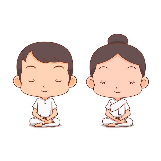 Personaje de dibujos animados de niño y niña meditando en ropa blanca. Vector Premium 