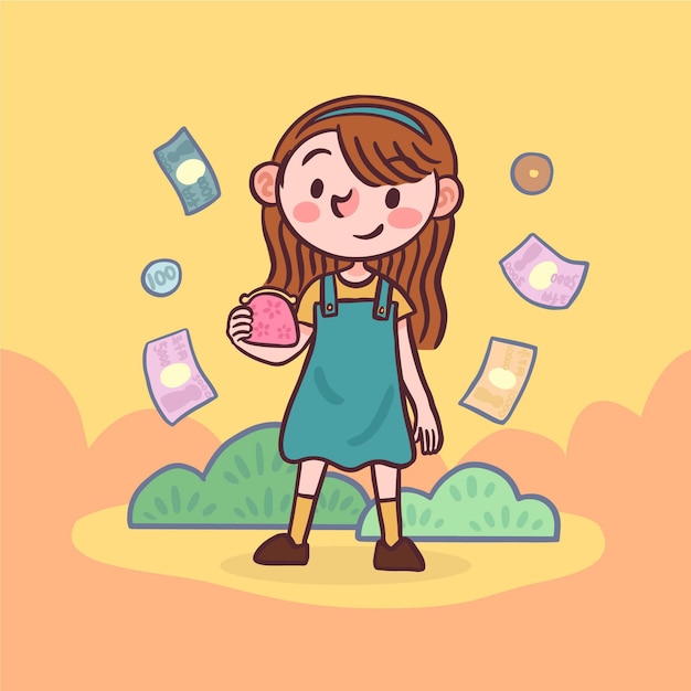 Personaje Femenino Sosteniendo Una Bolsa De Monedas Vector Gratis