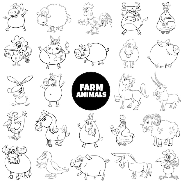 Personajes de animales de granja de dibujos animados en blanco y negro