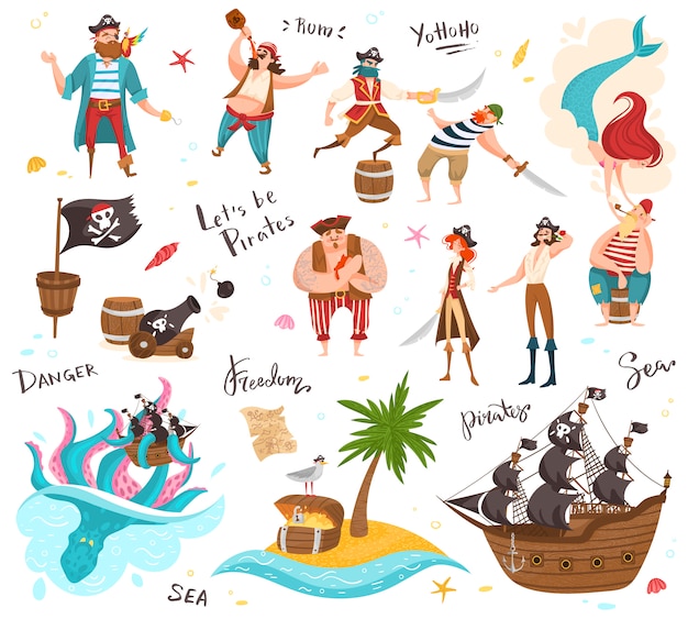 Personajes De Dibujos Animados De Piratas Conjunto De Personas Divertidas E Iconos Ilustración