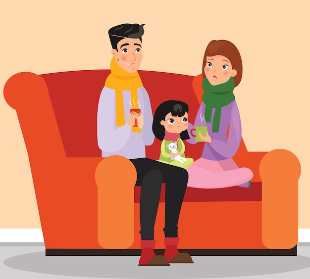 Personajes Familiares Enfermos Madre Padre E Hija Sentados En El Sofa Personas Enfermas En Estilo Plano De Dibujos Animados Vector Premium