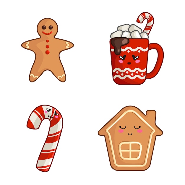 Personajes de navidad kawaii, conjunto de comida linda - taza de bebida caliente o bebida, bastón de caramelo, hombre de jengibre y casa, postres de año nuevo Vector Premium