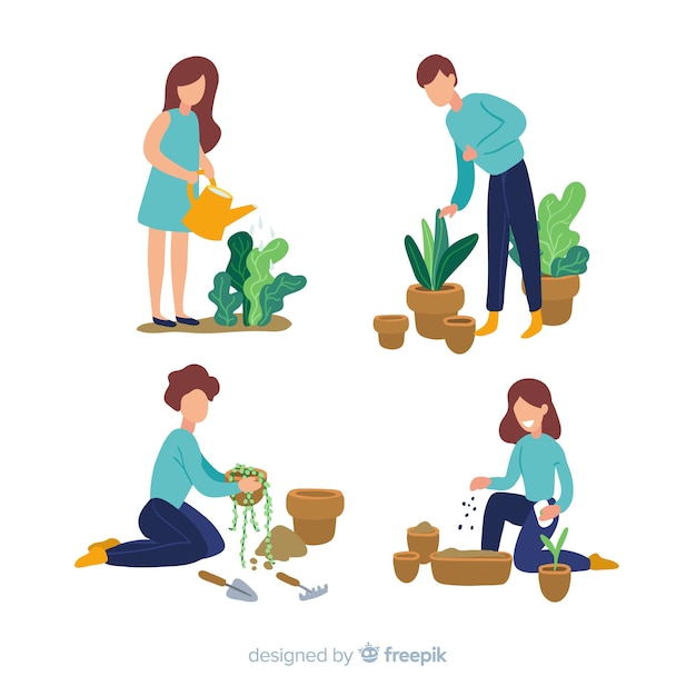 Personas cuidando plantas vector gratuito