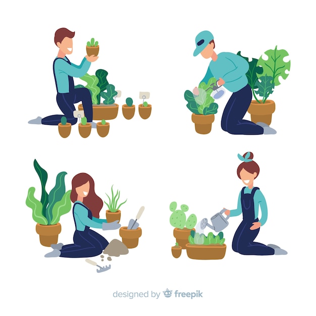 Personas cuidando plantas vector gratuito