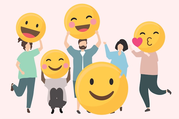 Personas con divertidos y felices ilustraciones de emojis.