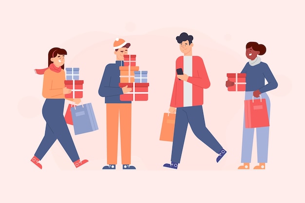 Personas que compran regalos de navidad vector gratuito