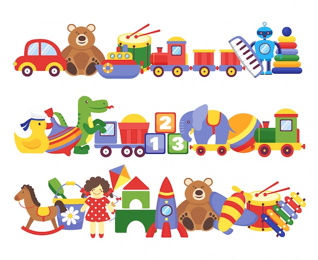 Pila De Juguetes Grupos De Ninos Juego De Plastico Juguetes Para Ninos Elefante Oso De Peluche Tren Cohete Muneca Dino Vector Premium