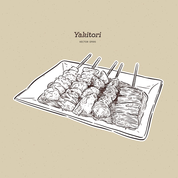 Pinchos yakitori dibujados a mano, comida japonesa Vector Premium