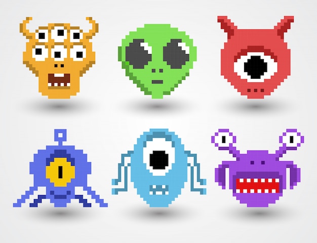 Pixel Art Alien Set Vector Premium