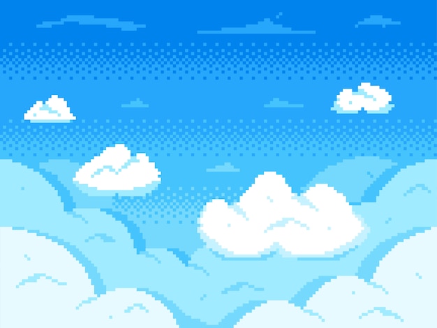 Pixel Art Cielo Horizonte De Nubes De 8 Bits Paisaje De Nubes De Videojuegos Retro Y Fondo Nublado Vector Premium