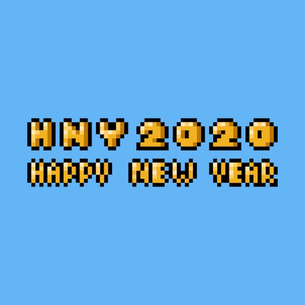 Pixel art feliz año nuevo 2020 diseño de texto. Vector Premium
