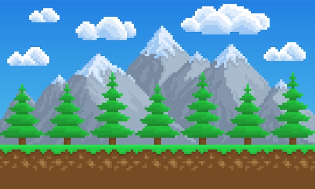 Pixel Art Naturaleza Montanas Pinos Arboles Fondo Para El Juego 8 Bits Vector Premium