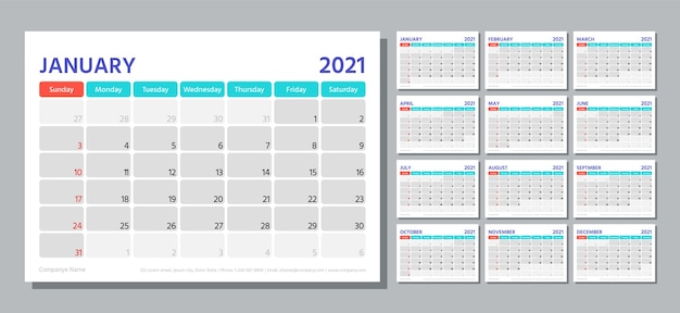 Planificador Año 2021 Plantilla De Calendario La Semana Comienza El 