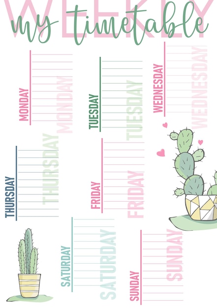 Planificador De Calendario Semanal En Colores Pastel Con Cactus Lindo Organizador De Papeler A
