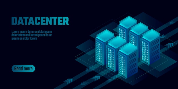 Plantilla de la bandera del concepto del almacenamiento de la computación en nube del centro de datos isométrico Vector Premium