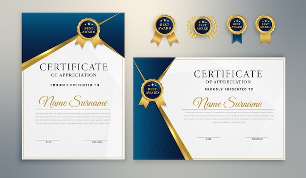 Plantilla De Certificado De Premio Elegante De Oro Azul Vector Premium