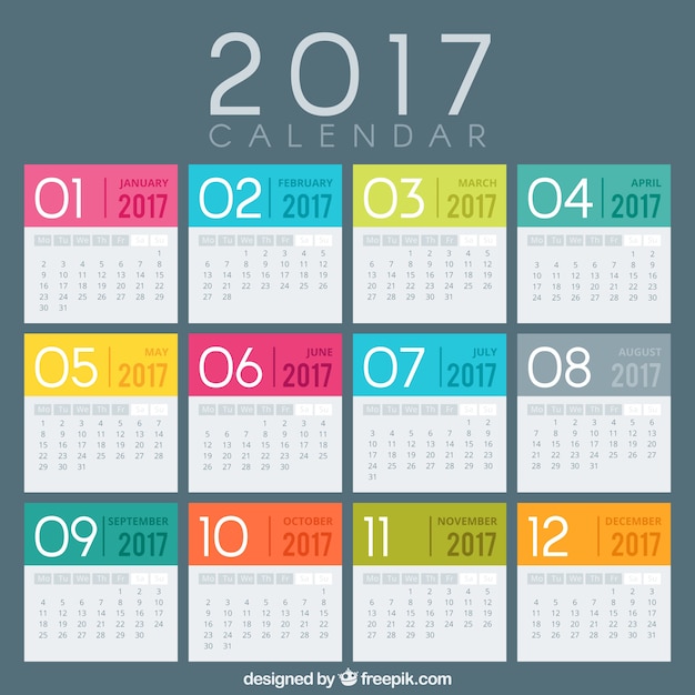 Plantilla de calendario 2017 con colores  Vector Gratis