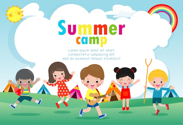 Plantilla De Educacion De Campamento De Verano Para Ninos Para Folleto Publicitario Ninos Que Realizan Actividades De Campamento Plantilla De Volante De Poster Su Texto Ilustracion Vector Premium