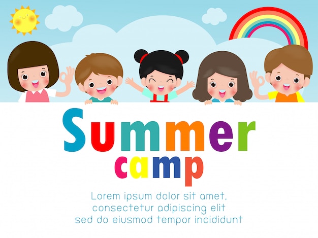 Plantilla De Educacion Del Campamento De Verano De Vkids Para Folletos Publicitarios Ninos Que Realizan Actividades De Campamento Plantilla De Volante Su Texto Ilustracion Vector Premium