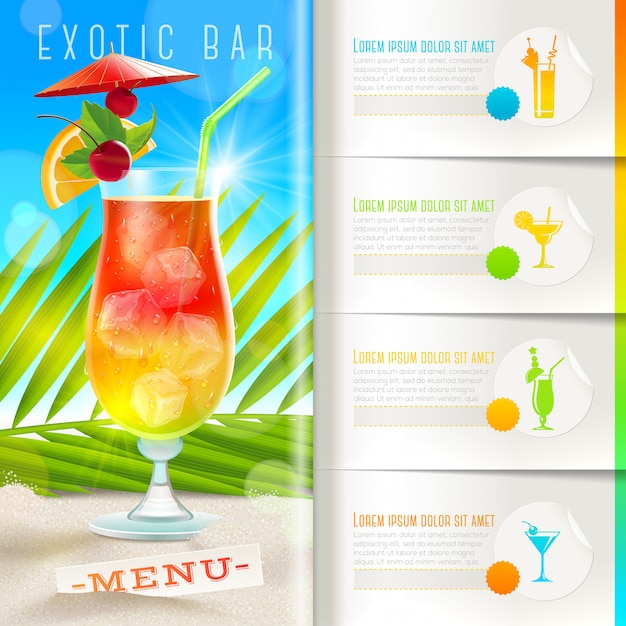 Plantilla de folleto menú de bar tropical en la playa Vector Premium
