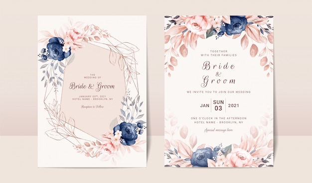 Plantilla De Invitación De Boda Floral Con Decoración De Rosas Y Hojas De Acuarela Azul Marino Y 0360