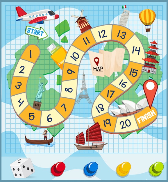 Una plantilla de juego de mesa mundial de viajes. | Descargar Vectores Premium